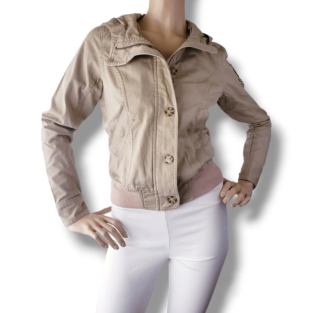 Cali Love Beige Cotton Bomber Jacket With Hoodie